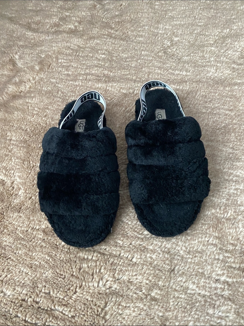 UGG Black Faux-Fur Slide with Branded Heel Strap